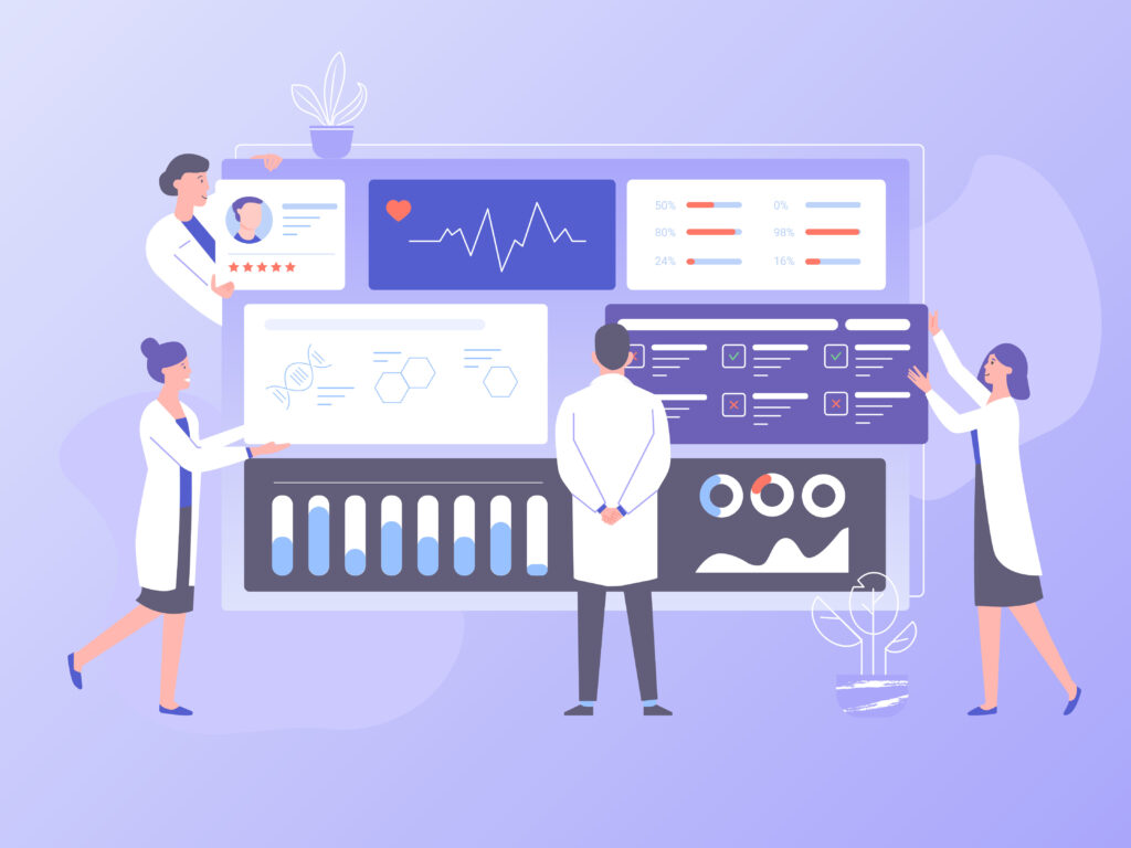 People in lab coats looking at a Big dashboard with information. the study of tests and treatment. Bright vector illustration.
